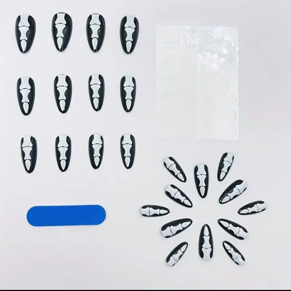 Black & White Skeleton Long Stiletto Nails Reusable Handmade Medium NWT - Picture 8 of 11